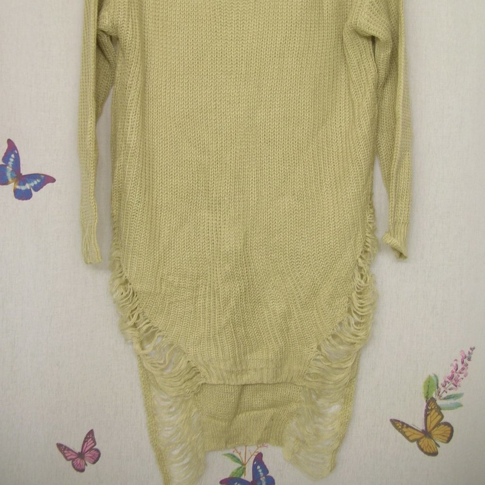 Tan Sand semi sheer distressed shredded tunic sweater dress L XL 36 38 40 NWOT